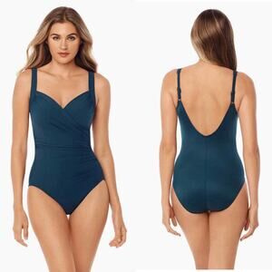 Miraclesuit Sanibel One Piece Swimsuit Ruched Wrap Nova Green Women's 14 NWT